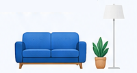 Canapé bleu, plante et lampadaire